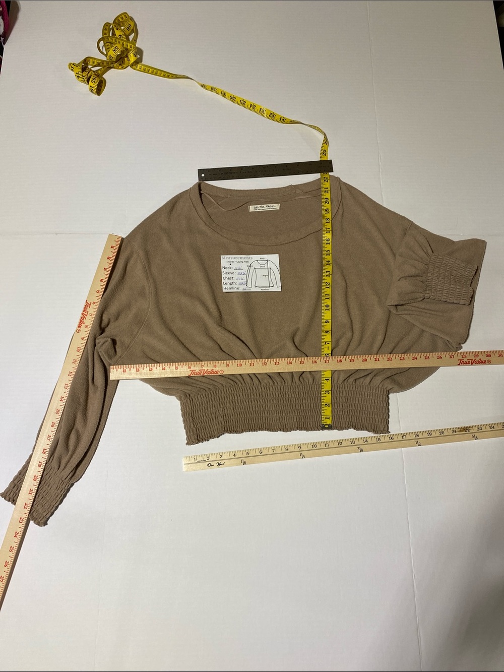 WE THE FREE Taupe Off‑Shoulder Smocked Hem Long Sleeve Sweater—L - Picture 12 of 15